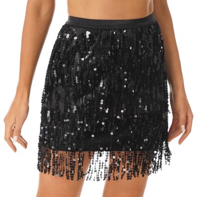Jhaoyu Women Sparkly Sequin Tassel Skirt Glitter Belly Dance Hip Skirt Scarf Rave Fringed Patent Leather Skirts Black X-Large