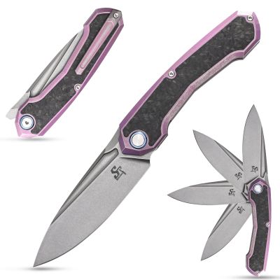 Sitivien ST999 Folding Knife,S35VN Steel Blade with Titanium and Carbon Fiber Handle Frame Lock,EDC Knife with pocket clip for Outdoor Camping Survival Hiking(Pink)