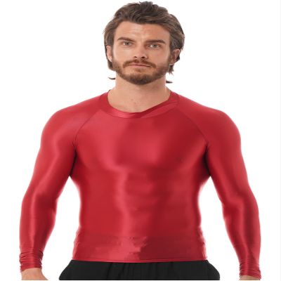 Manyakai Men's Glossy Slim Fit Body Shaper Long Sleeve Shirt Top Yoga Workout Sports Gymnastics Costume Burgundy X-Large