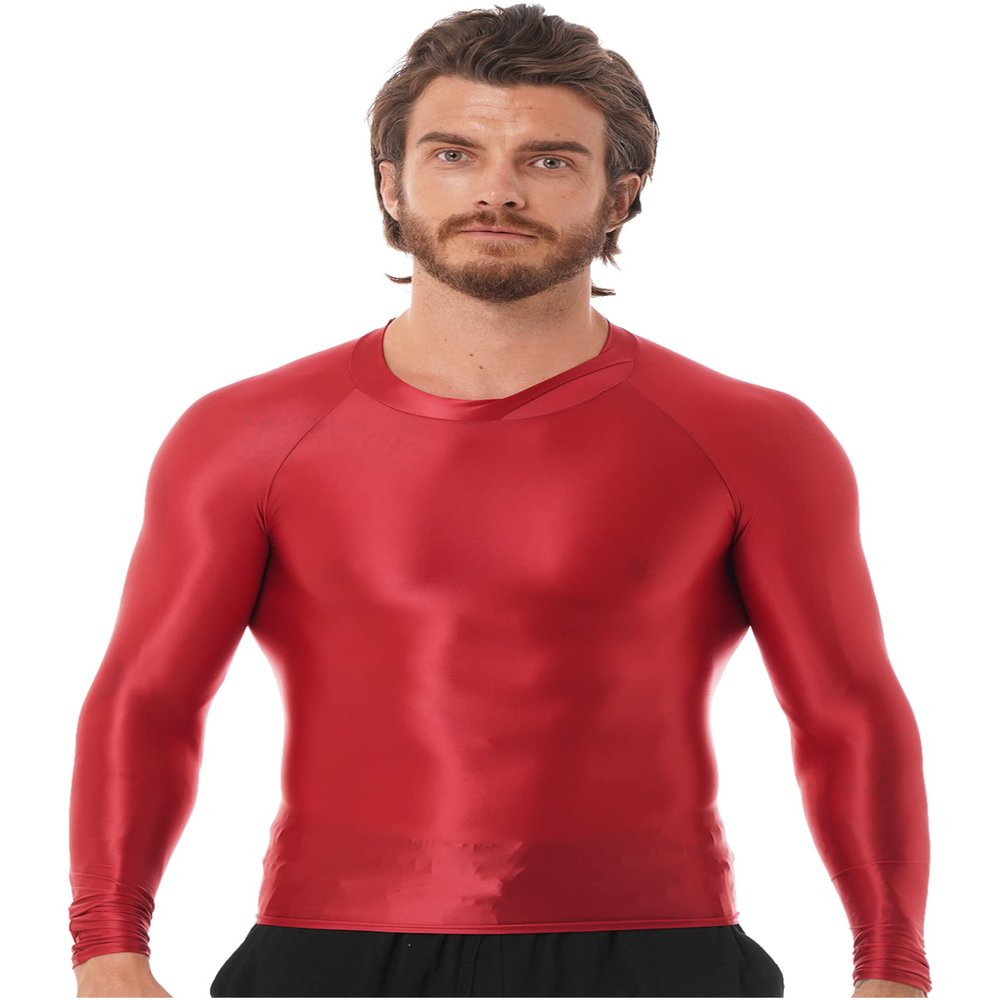Manyakai Men's Glossy Slim Fit Body Shaper Long Sleeve Shirt Top Yoga Workout Sports Gymnastics Costume Burgundy X-Large