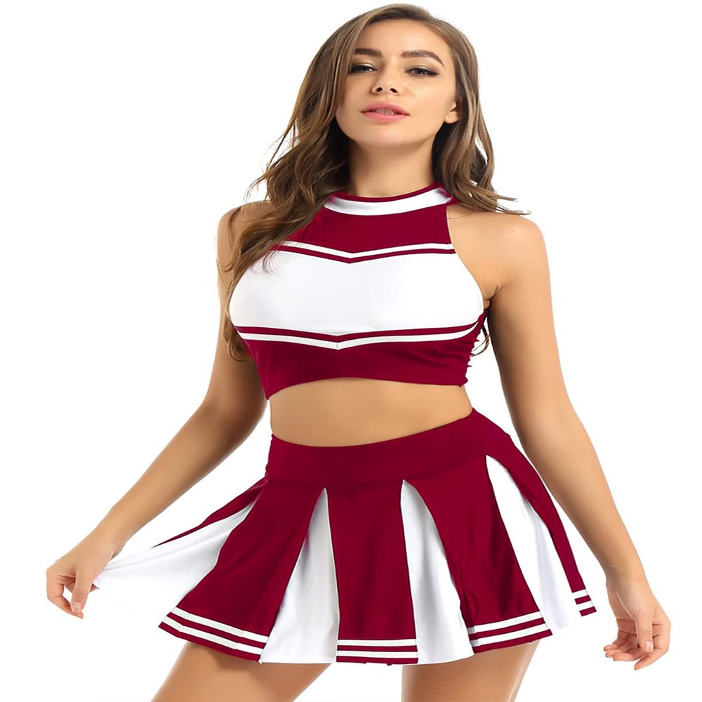 ACSUSS Womens 2PCS Cheerleading Costume Sleeveless Top with Knife Pleated Mini Skirt Outfit Sets Wine Red Small