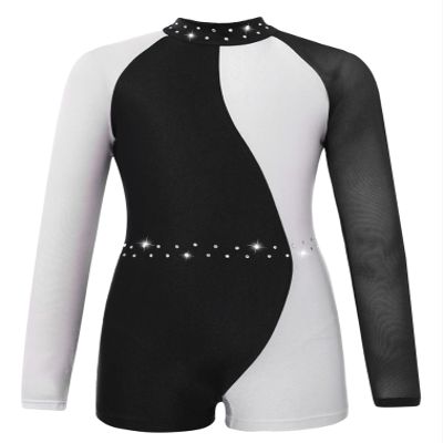 easyforever Girl's Sequins Rhinestones Dance Leotard Biketard Mesh Long Sleeves Patchwork Jumpsuit Bodysuit Dancewear Black&White 6 Years
