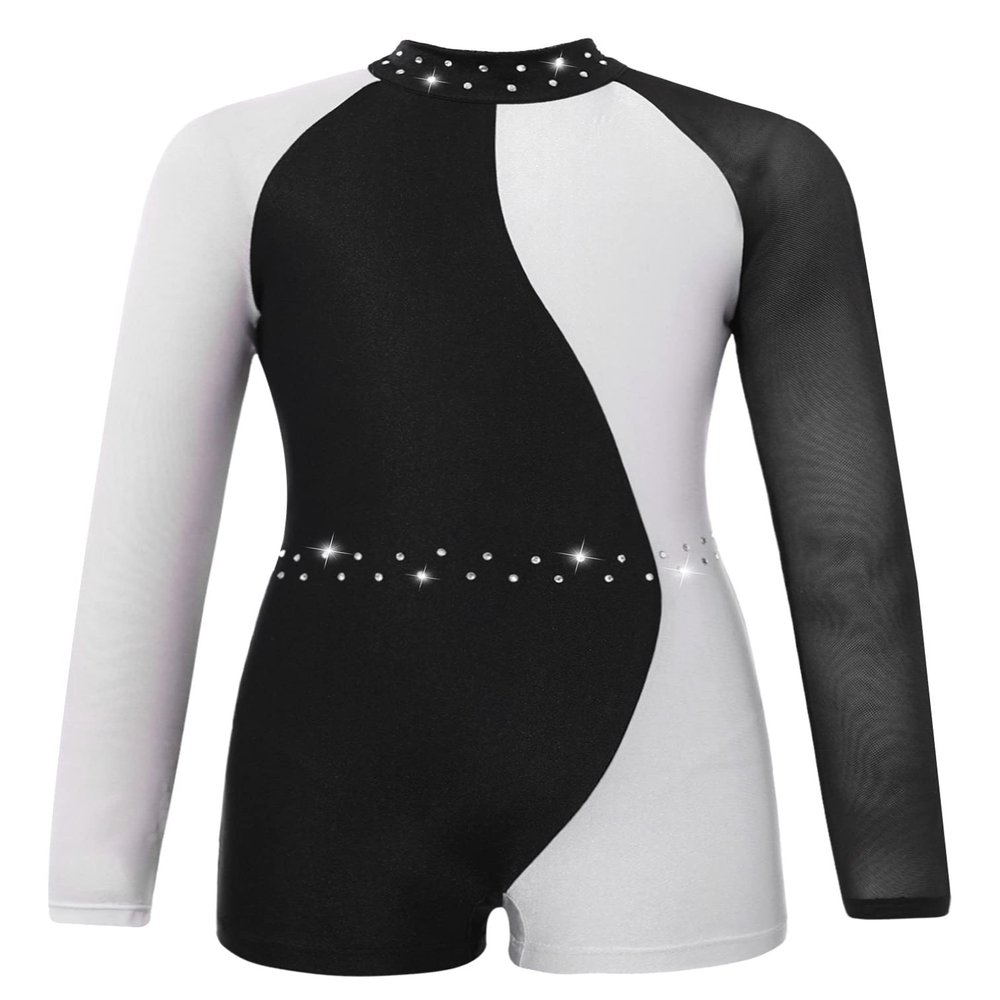 easyforever Girl's Sequins Rhinestones Dance Leotard Biketard Mesh Long Sleeves Patchwork Jumpsuit Bodysuit Dancewear Black&White 6 Years