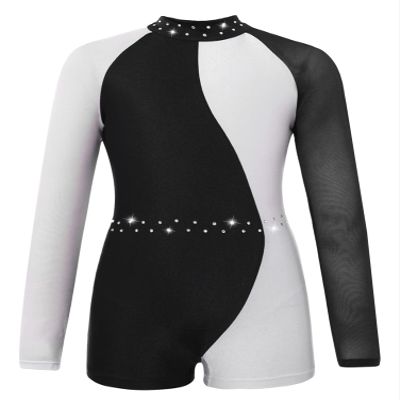 Aislor Kids Girls Sequins Rhinestones Dance Leotard Biketard Mesh Long Sleeves Patchwork Jumpsuit Ballerina Bodysuit Black&White 12 Years