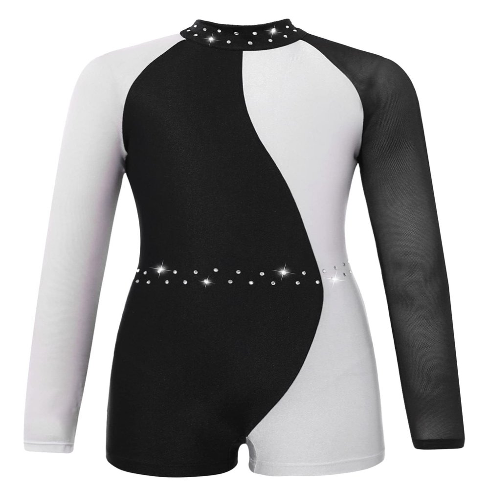 Aislor Kids Girls Sequins Rhinestones Dance Leotard Biketard Mesh Long Sleeves Patchwork Jumpsuit Ballerina Bodysuit Black&White 12 Years