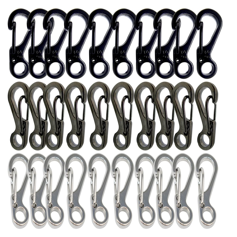 Bytiyar 1inch 30 Pcs Mini Metal SF Carabiner Clips with Spring Wiregate Hook and Little Eye Hole for Keychain Key Paracord Backpack Clasps Tractical Kit Accessory, Black+Gun Gray+Silver