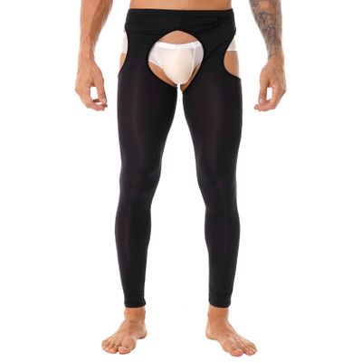 Fldy Men's Oil Shiny Mesh Hollow Out Pantyhose Tights Nylon Transparent Stockings Sexy Underppants Black One Size