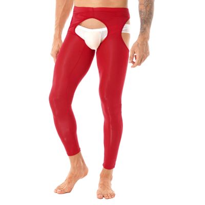 Fldy Men's Oil Shiny Mesh Hollow Out Pantyhose Tights Nylon Transparent Stockings Sexy Underppants Red One Size