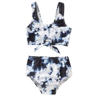 Moily Little Girls Tie Dye Bikini Set Tie Front Swim Crop Top with High Waisted Bottoms Beach Swimsuit Navy Blue 2-3 Years