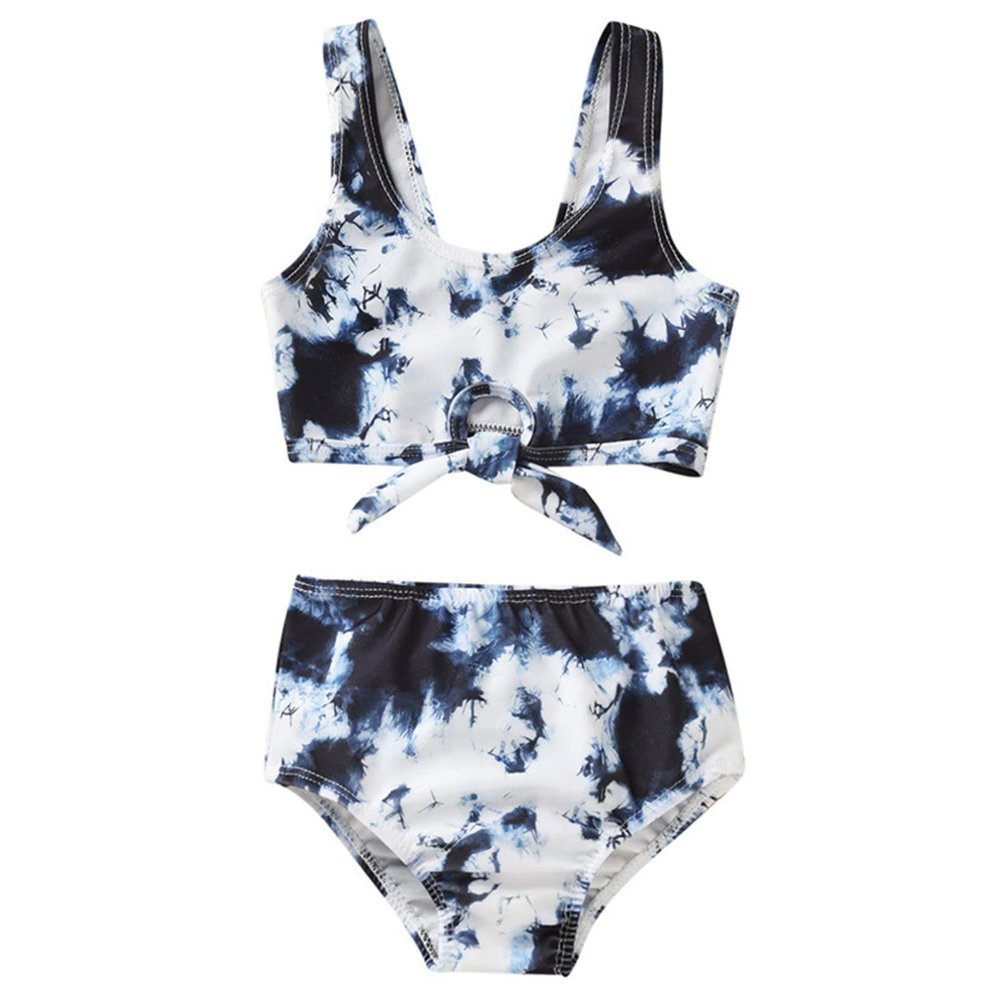 Moily Little Girls Tie Dye Bikini Set Tie Front Swim Crop Top with High Waisted Bottoms Beach Swimsuit Navy Blue 2-3 Years