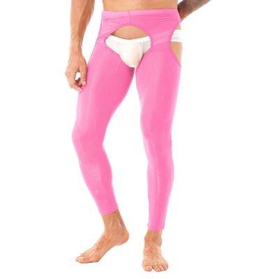 Fldy Men's Oil Shiny Mesh Hollow Out Pantyhose Tights Nylon Transparent Stockings Sexy Underppants Pink One Size