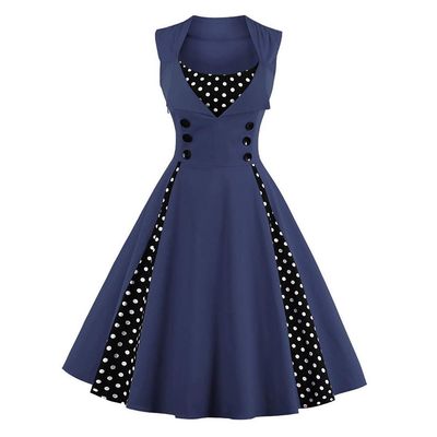 Women Elegant Vintage Spliced Polka Dot 1950s Rockabilly Audrey Hepburn Dress Summer Sleeveless Square Neckline Collect Waist 50's 60's Wedding Cocktail Party Swing Tea Dresses Navy Blue 4X-Large