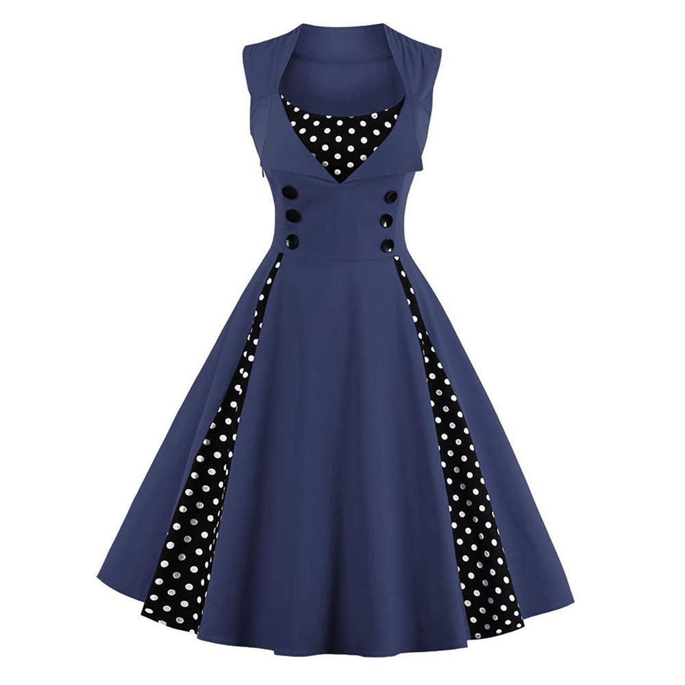 Women Elegant Vintage Spliced Polka Dot 1950s Rockabilly Audrey Hepburn Dress Summer Sleeveless Square Neckline Collect Waist 50's 60's Wedding Cocktail Party Swing Tea Dresses Navy Blue 4X-Large