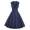 Women Elegant Vintage Spliced Polka Dot 1950s Rockabilly Audrey Hepburn Dress Summer Sleeveless Square Neckline Collect Waist 50's 60's Wedding Cocktail Party Swing Tea Dresses Navy Blue 4X-Large view 1
