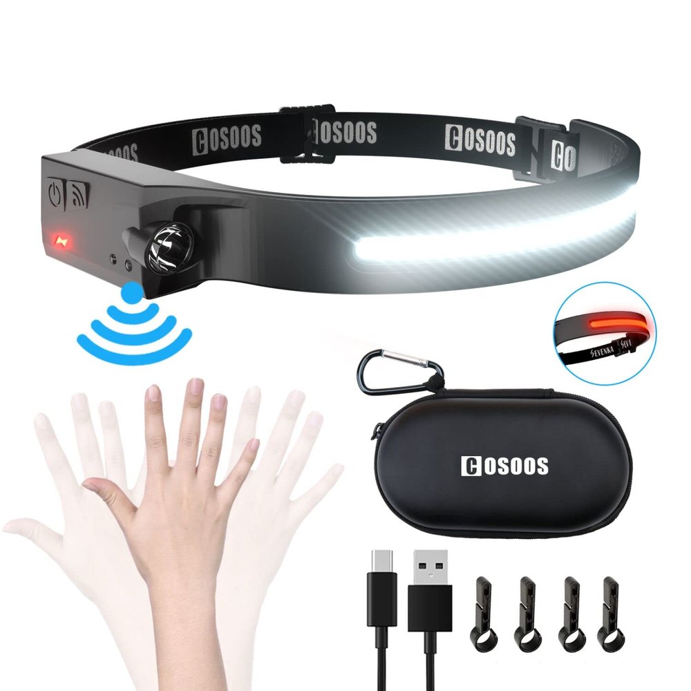 COSOOS LED Headlamp Rechargeable Flashlight with Red Light & Carry Case, 1000 Lumen Bright Headlamp Wide Beam & Spot Light,Sensor Mode,2.4 oz Lightweight Headlight for Hardhat, Camping Essential