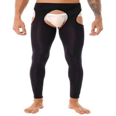QinCiao Sissy Mens Glossy Sexy Hollow Out Stretchy Long Leggings Crotchless Pencil Pants Black One Size