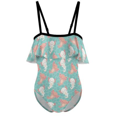 BAIKUTOUAN Kawaii Axolotl Pattern Girls' One Piece Swimsuit Adjustable Off Shoulder Bathing Suit Beach Ruffle Swimwear 9-11Y140cm