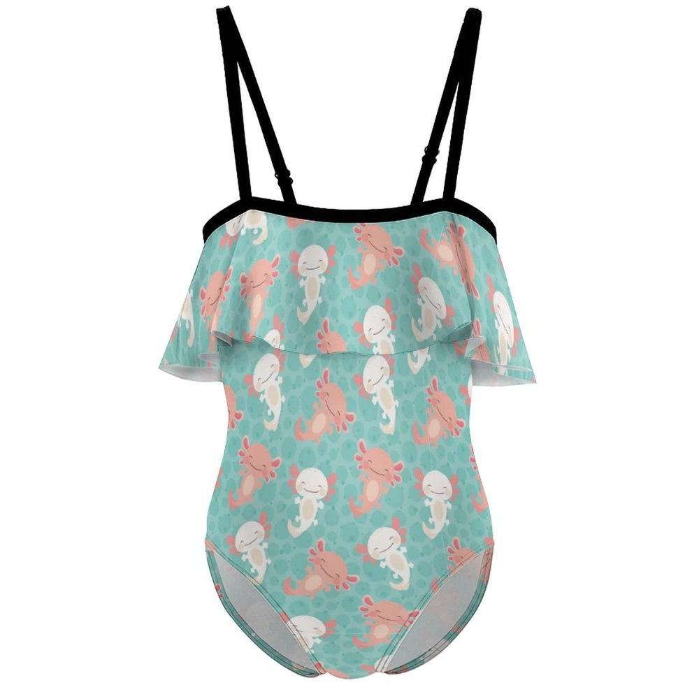 BAIKUTOUAN Kawaii Axolotl Pattern Girls' One Piece Swimsuit Adjustable Off Shoulder Bathing Suit Beach Ruffle Swimwear 9-11Y140cm