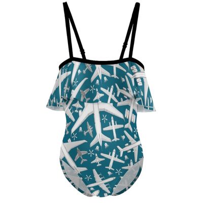 BAIKUTOUAN Plane Aircraft Airplane Jet Girls' One Piece Swimsuit Adjustable Off Shoulder Bathing Suit Beach Ruffle Swimwear 7-9Y120cm
