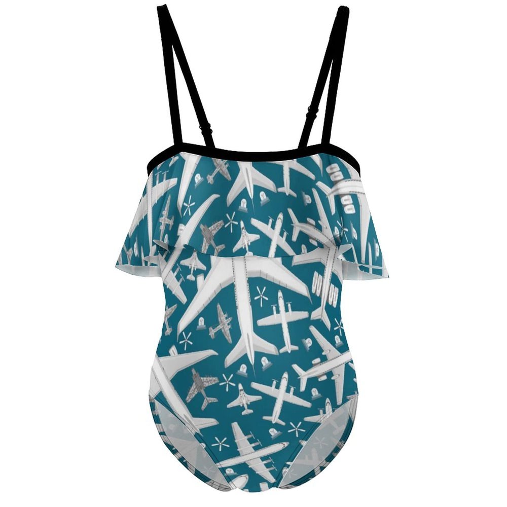 BAIKUTOUAN Plane Aircraft Airplane Jet Girls' One Piece Swimsuit Adjustable Off Shoulder Bathing Suit Beach Ruffle Swimwear 7-9Y120cm