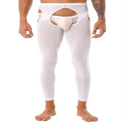 QinCiao Sissy Mens Glossy Sexy Hollow Out Stretchy Long Leggings Crotchless Pencil Pants White One Size