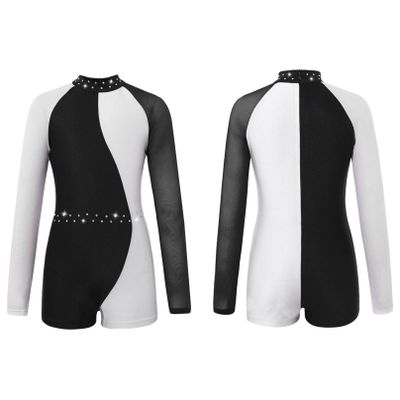 Agoky Kids Girls Ballet Dance Unitard Yoga Outfit Long Sleeve Biketard Rhinestone Gymnastics Leotard Athletic Tracksuit Black&White 6 Years
