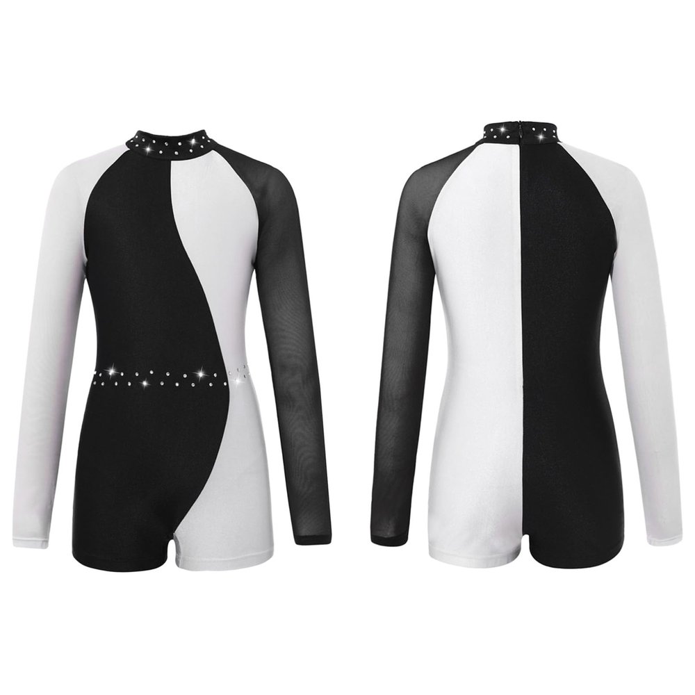 Agoky Kids Girls Ballet Dance Unitard Yoga Outfit Long Sleeve Biketard Rhinestone Gymnastics Leotard Athletic Tracksuit Black&White 8 Years