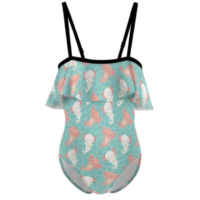 BAIKUTOUAN Kawaii Axolotl Pattern Girls' One Piece Swimsuit Adjustable Off Shoulder Bathing Suit Beach Ruffle Swimwear 7-9Y120cm