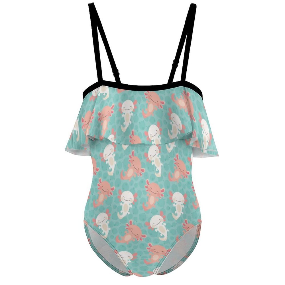 BAIKUTOUAN Kawaii Axolotl Pattern Girls' One Piece Swimsuit Adjustable Off Shoulder Bathing Suit Beach Ruffle Swimwear 7-9Y120cm