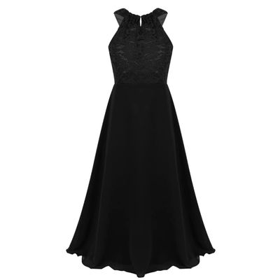 Fldy Kids Girls Floral Lace Flower Dress Wedding Party Bridesmaid Maxi Long Dress Elegant Halter Chiffon Dress Ball Gown Black 10 Years