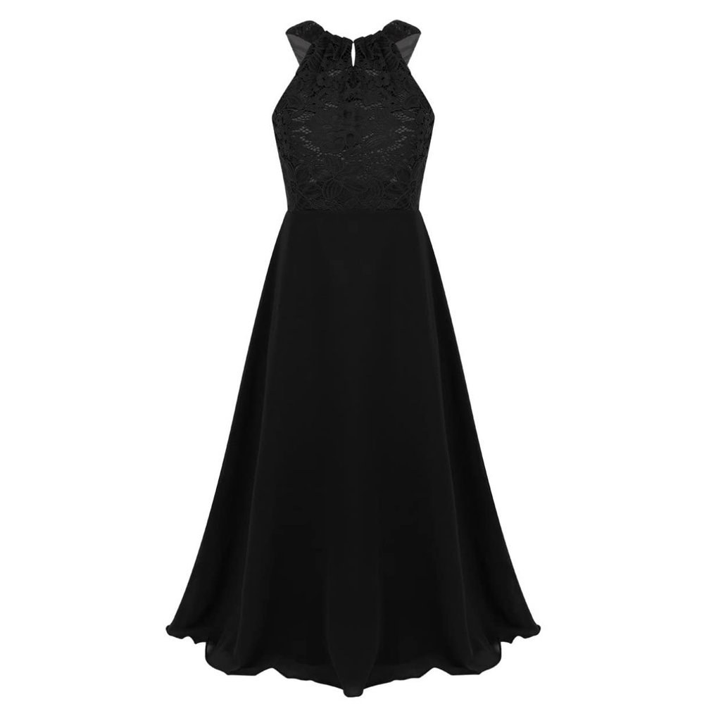 Fldy Kids Girls Floral Lace Flower Dress Wedding Party Bridesmaid Maxi Long Dress Elegant Halter Chiffon Dress Ball Gown Black 10 Years