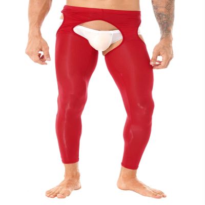 QinCiao Sissy Mens Glossy Sexy Hollow Out Stretchy Long Leggings Crotchless Pencil Pants Red One Size