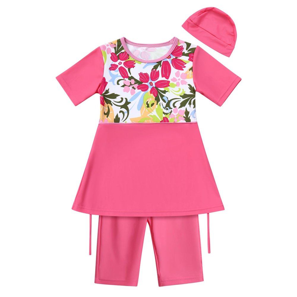 Muslim Swimsuits for Girls Flower Short Sleeve Bathing Suits Top Swimming Pants Full Coverage Islamic Hijab Burkini Modest Swimwear Surfing Rash Guard Sets Hot Pink-Short Sleeve 5-6 Years