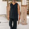 Men's Summer Sleeveless Shirts Button Down Loose Casual Hoodie Shirts Fashion High Low Ripped Cut Off Vintage Cardigan Black view 3