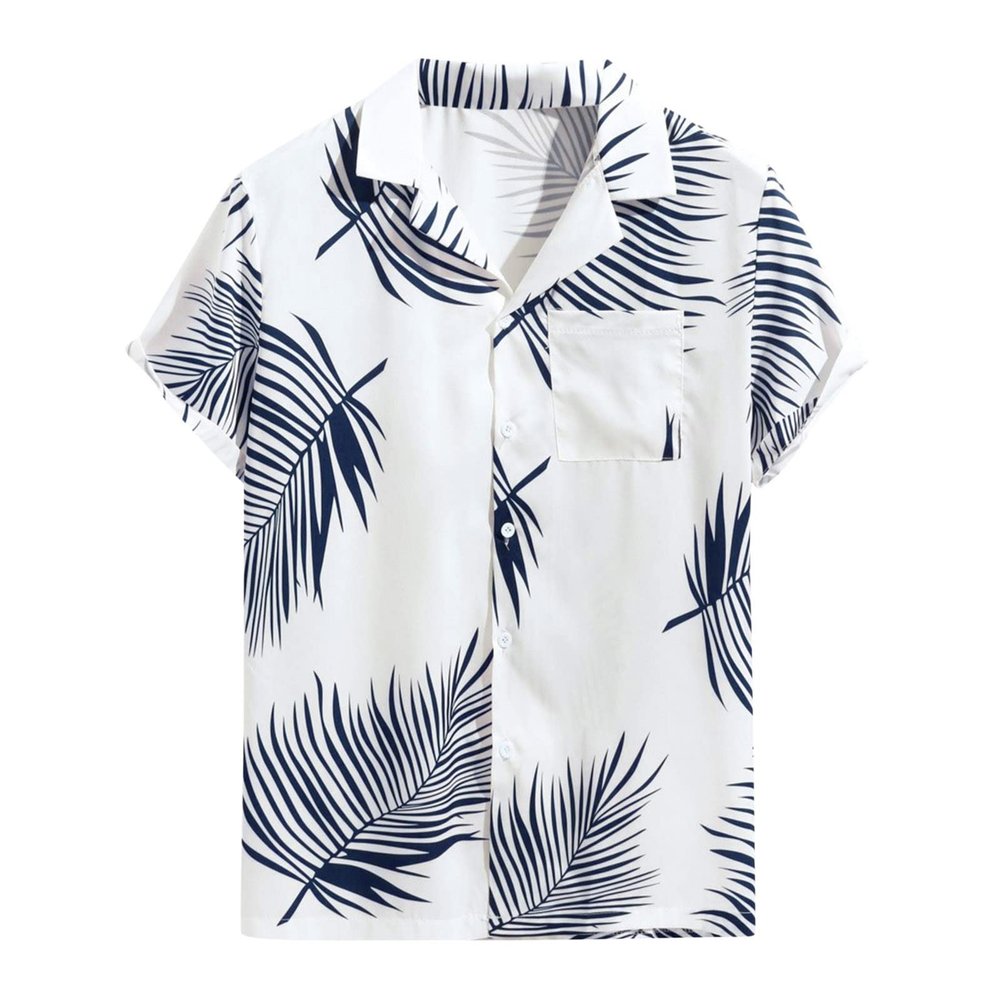 Men's Casual Button Down Short Sleeve Shirts Summer Beach Regular-Fit Vintage Printed Tops Vacation Hawaiian Shirt Pocket Blue