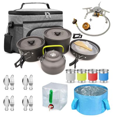 27PCs Outdoor Camping Cookware Kit Portable Cooking Set Non-Stick Tableware with Foldable Spoon Fork Cup Picnic Combination Supplies