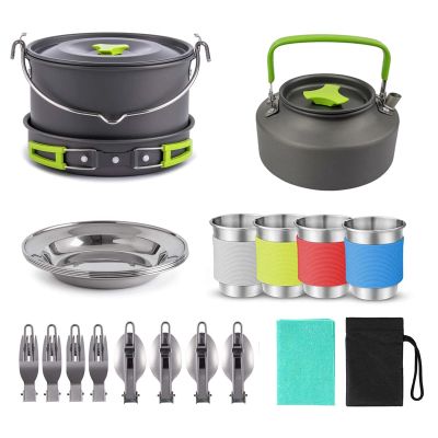 Camping Cookware 20PCS Kit Camping Tableware Set 4 Person Outdoor Cooking Supplies with Bowl Pans Fold Fork for Outdoor Hiking Picnic,Green