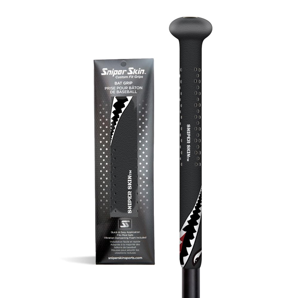 Sniper Skin Baseball Heat-Activated Bat Grip, Easy Install Tacked Non-Slip for Baseball & Softball Sports, Custom Fit Wrap That Lasts Up to 3 Times Longer - Black Tiger Shark