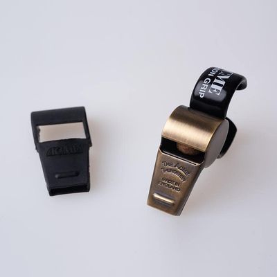 Acme Thunderer Whistle Large Tapered Mouth with Finger Grip and Gator Grip Mouth Guard in Antique Brass Finish 58.5-477AB
