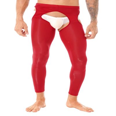 Loloda Men's Ice Silk Hollow Out Stretchy See Through Long Pants Slim Leggings Tights Red One Size