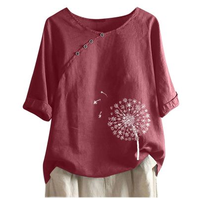 Summer Women's Cotton Linen Blouse Tops Retro Dandelion Printed O Neck Loose T Shirt Casual 3/4 Sleeve Tees Tunic Red