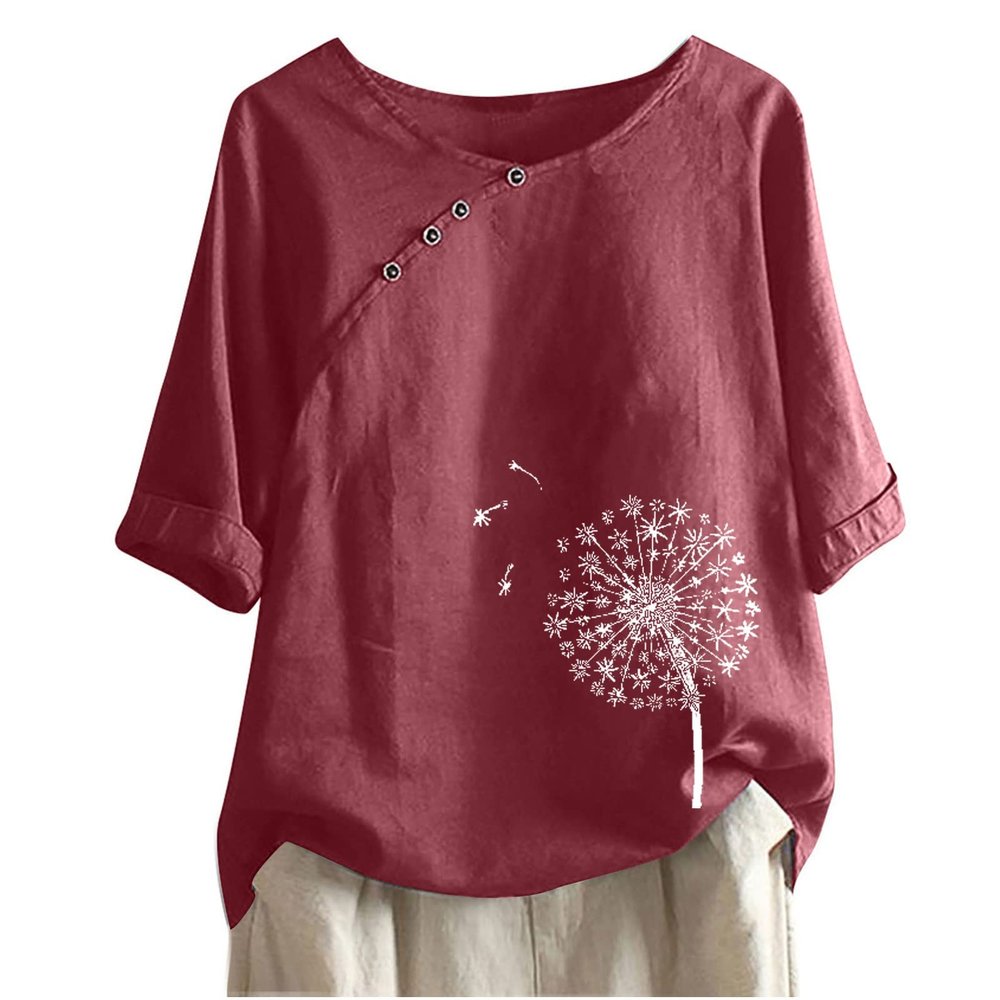 Summer Women's Cotton Linen Blouse Tops Retro Dandelion Printed O Neck Loose T Shirt Casual 3/4 Sleeve Tees Tunic Red