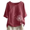 Summer Women's Cotton Linen Blouse Tops Retro Dandelion Printed O Neck Loose T Shirt Casual 3/4 Sleeve Tees Tunic Red view 1