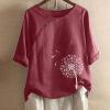 Summer Women's Cotton Linen Blouse Tops Retro Dandelion Printed O Neck Loose T Shirt Casual 3/4 Sleeve Tees Tunic Red view 2