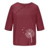 Summer Women's Cotton Linen Blouse Tops Retro Dandelion Printed O Neck Loose T Shirt Casual 3/4 Sleeve Tees Tunic Red view 3