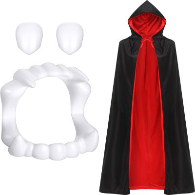 Adult Unisex Vampire Costume Set Reversible Hooded Cape Cloak Vampire Fangs Teeth with Adhesive for Halloween Costume Accessory Party Favors