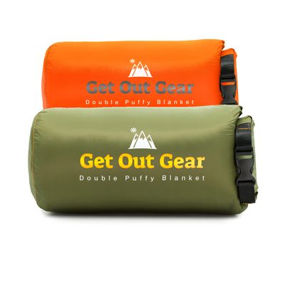 Get Out Gear Double Puffy Camping Blanket - Olive and Orange Bundle - Extra Puffy, Packable, Lightweight and Warm | Ideal for Outdoors, Travel | Water-Resistant Camp Quilt