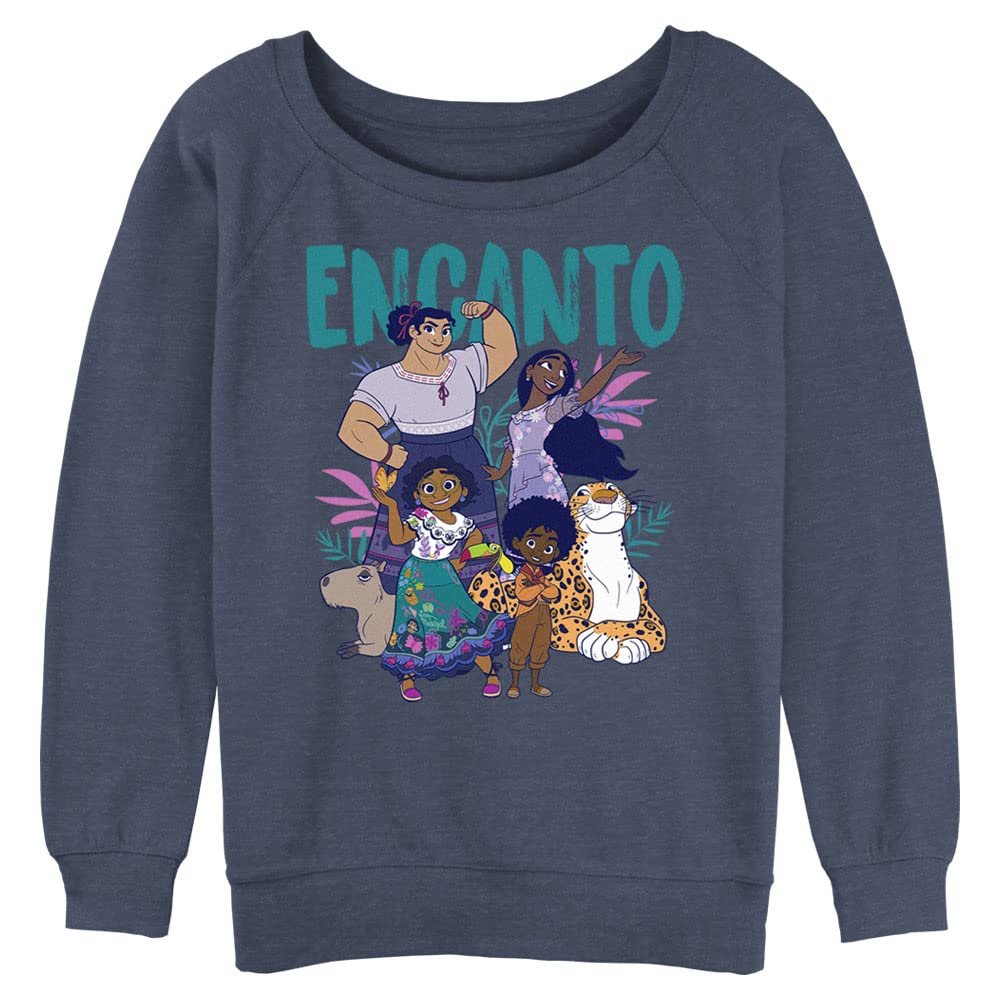 Disney Women's Encanto Together Junior's Raglan Pullover with Coverstitch, Blue Heather, X-Large