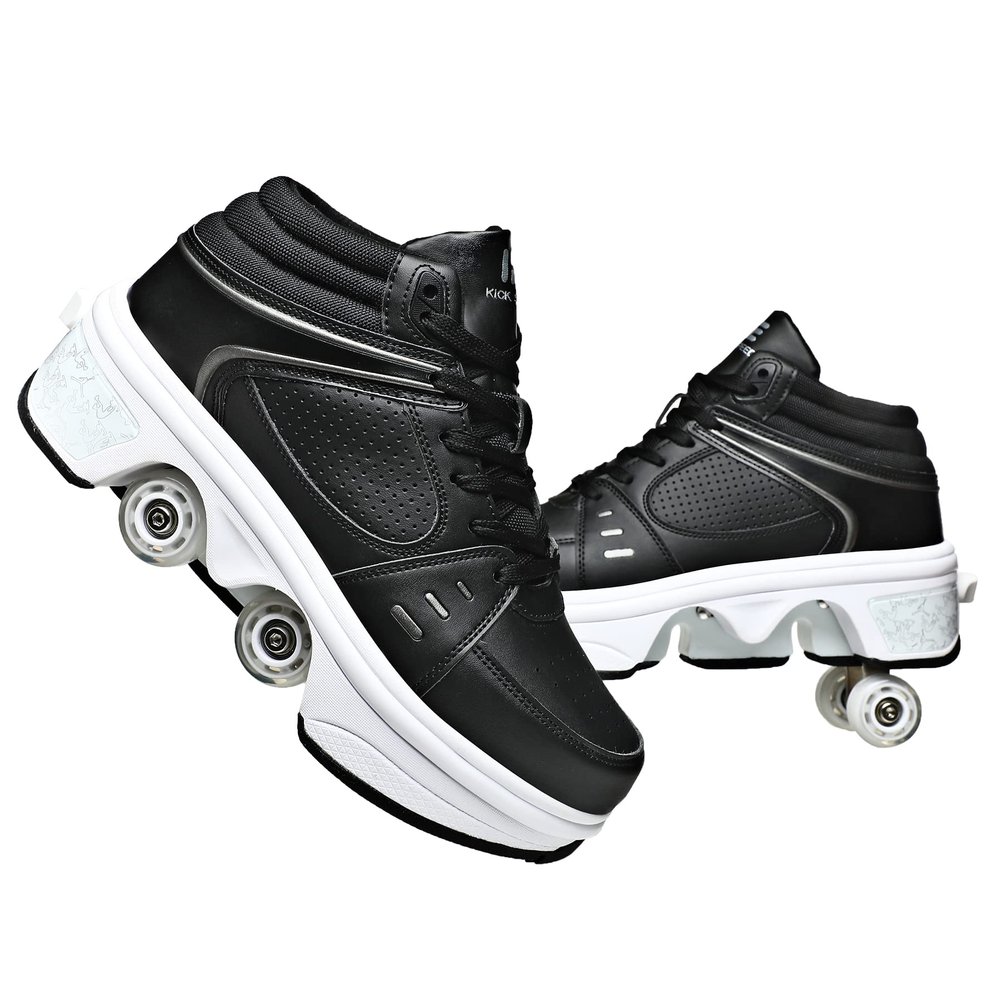 Pairobin 2-in-1 Roller Skates Shoes with Retractable 4 Wheels & Pop-Out Deformation Sneakers Outdoor Sports Skating Shoes for Girls Boys, High-top Black, 9.5