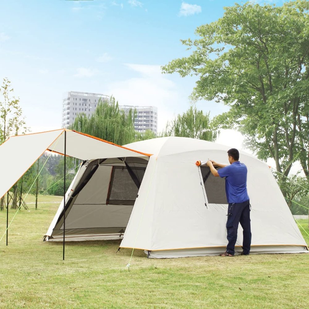 6-10 Person Family Tents Camping Tent with Mat,2 Foyer Poles,2 Layer Waterproof Large Tent with Carry Bag,Outdoor Beach Tent for Adult Kids (Color : Beige)
